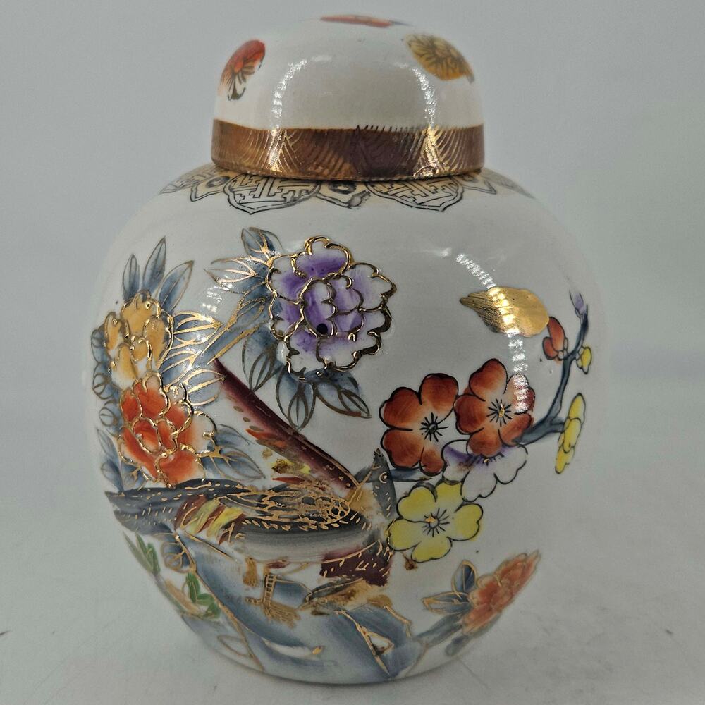 Vintage hand painted porcelain floral ginger jar w bird raised gold details